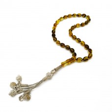 1000 Ayar Gümüş Kazaz Püsküllü Arpa Kesim Yeşil Fosilli Damla Kehribar Tesbih