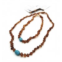 GLT Sertifikalı Damla Bal,Turkuaz Kehribar Anne-4 Yaş Üzeri Çocuk Kolye Seti